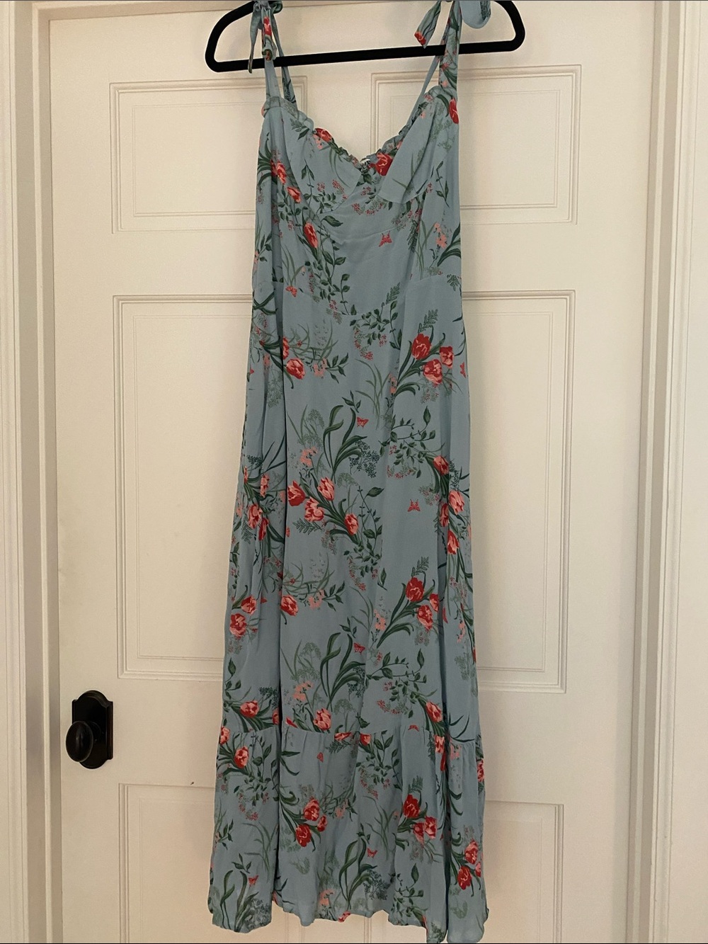 Reformation Floral Tie-Shoulder Slip Dress in Light Blue with Red Blooms